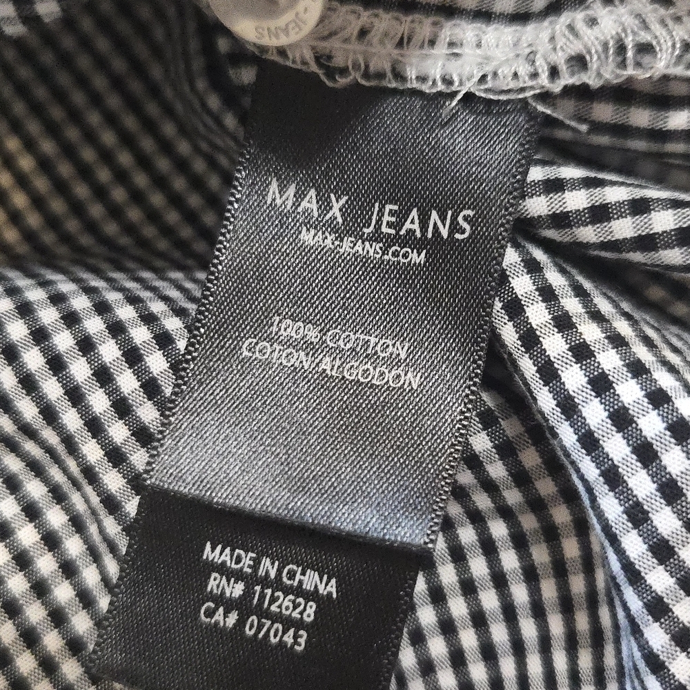 Max Jeans Black & White Checked Ruched Bubble Sleeve Belted Cotton Blouse Medium - Picture 6 of 9